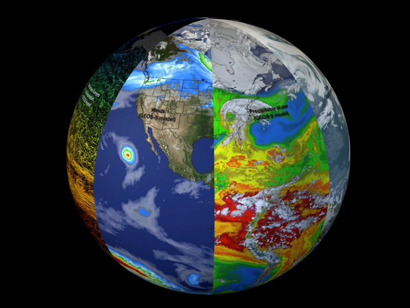Earth is a system of systems. Multidisciplinary observations and models shed light on the interactions among these systems and improve understanding and predictions of carbon dynamics and processes. Pictured here, from left to right, are models showing sea surface currents and temperature (from the Estimating the Circulation and Climate of the Ocean, Phase II (ECCO2) model), wind speeds (from the Goddard Earth Observing System Model, Version 5 (GEOS-5)), precipitable water (also from GEOS-5), and clouds (GEOS-5). A joint meeting brought together a diverse group of attendees from the United States, Canada, and Mexico to discuss carbon cycle issues and sustainable carbon management in the context of this system of systems. Credit: NASA GSFC